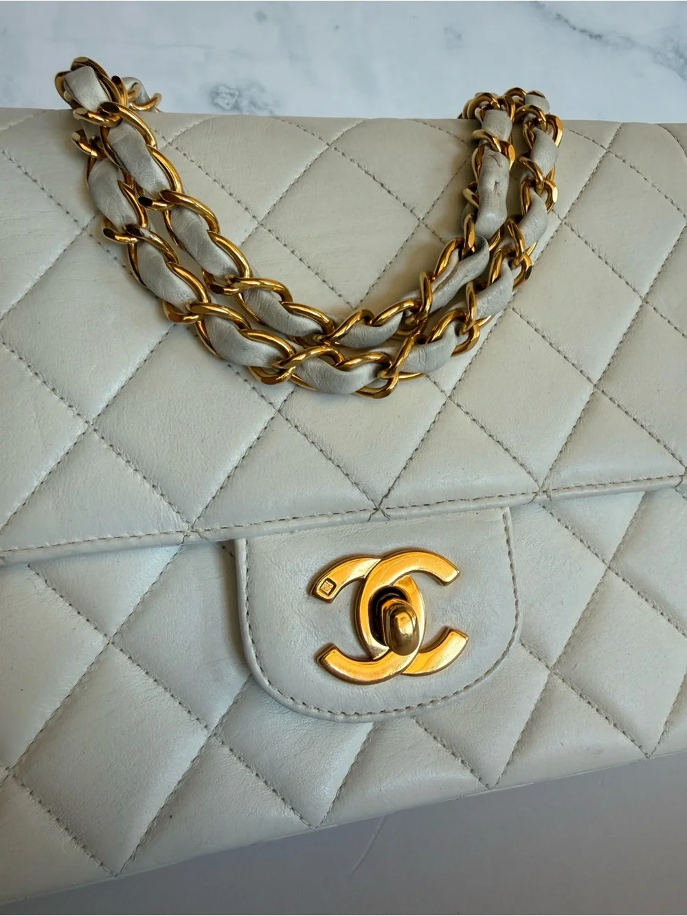 Vintage Chanel White Lambskin Quilted Flap Bag 24K Gold 1990s Authentic
